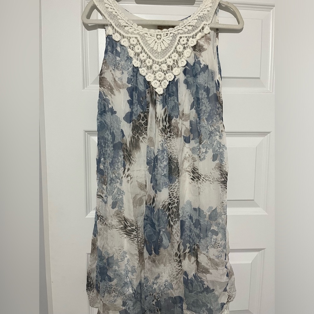 100% Silk Blue and White Floral Dress Made in Italy Size Small